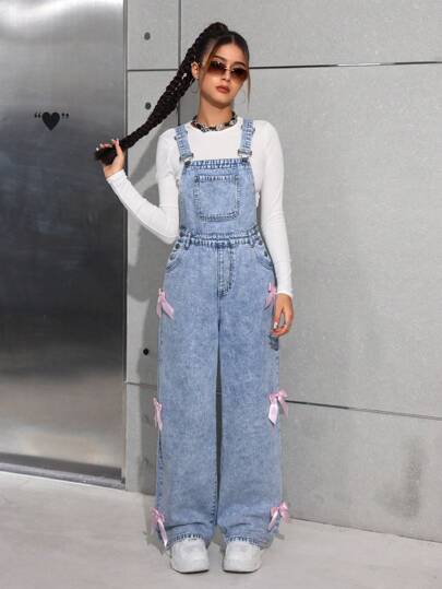SHEIN بناطيل جينز غسيل حجري واسعة للمراهقات، بحزام ديكوري لأزياء Y2K، بدلة جينز مع جيوب مزينة بعقدة فراشة، ملابس بنات صالحة للخريف والشتاء وللعودة إلى المدرسة