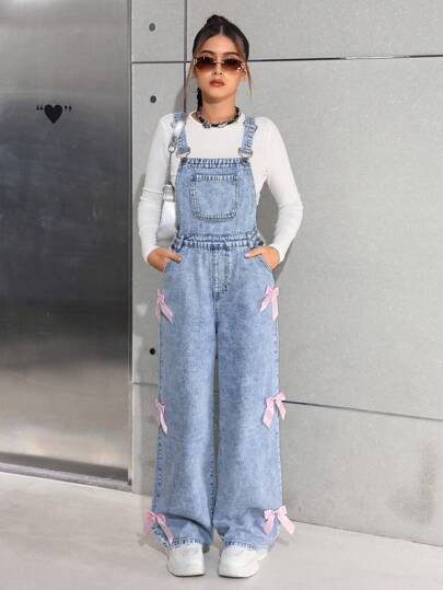 SHEIN بناطيل جينز غسيل حجري واسعة للمراهقات، بحزام ديكوري لأزياء Y2K، بدلة جينز مع جيوب مزينة بعقدة فراشة، ملابس بنات صالحة للخريف والشتاء وللعودة إلى المدرسة