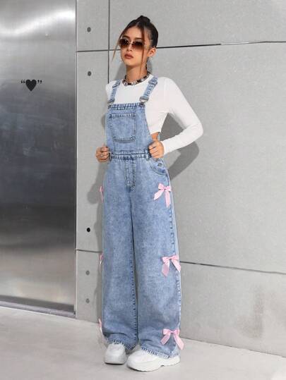 SHEIN بناطيل جينز غسيل حجري واسعة للمراهقات، بحزام ديكوري لأزياء Y2K، بدلة جينز مع جيوب مزينة بعقدة فراشة، ملابس بنات صالحة للخريف والشتاء وللعودة إلى المدرسة