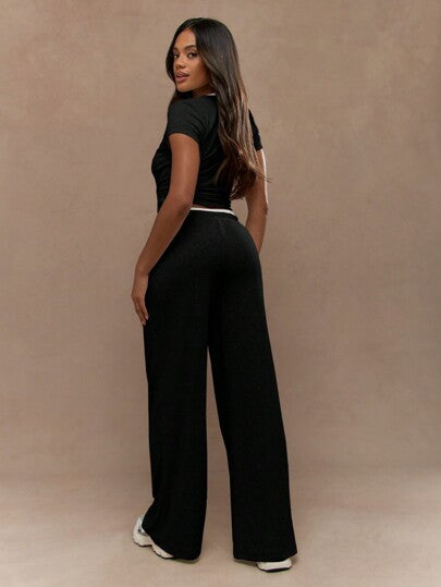 MISSGUIDED بدلة رياضية قطعتين، توب قصير وبنطال ساق واسعة، طقم ملابس رياضية للتنس والجري، توب قصير وبنطال متناسق
