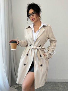Chiquease معطف سترة نسائي لون المشمش صمام القبو طويل الأكمام ذو أربطة مزدوجة رباط سهل اللبس مناسب للجو البارد خريف وربيع للمكاتب والأعمال اليومية ، ملابس نسائية والشتاء