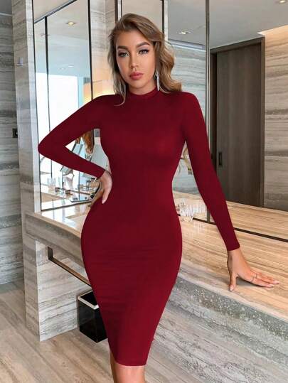 INAWLY Solva فستان أنيق أكمام طويلة مناسب ذو ياقة مرتفعة بلون مصمت للسيدات