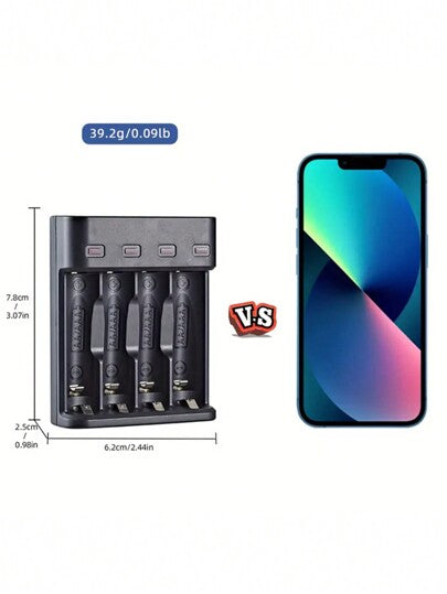 شاحن USB ب- 4 فتحات يمكنه شحن بطاريات AA و AAA باستخدام بطاريات قابلة للشحن NI-MH 1.2 فولت، ذو خرج تيار عالي، مع إضاءة خضراء تشير إلى الشحن الكامل، جهد التشغيل ≤36 فولت، البطارية غير مشمولة