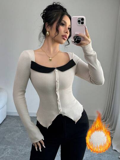 Selianne قميص فيلفت نسائي بأكمام طويلة وياقة مربعة وتصميم غير متماثل للحافة مع لمسات من الألوان المتباينة، مناسب للخريف والشتاء والربيع