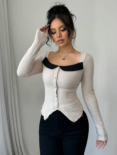 Selianne قميص فيلفت نسائي بأكمام طويلة وياقة مربعة وتصميم غير متماثل للحافة مع لمسات من الألوان المتباينة، مناسب للخريف والشتاء والربيع