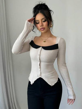 Selianne قميص فيلفت نسائي بأكمام طويلة وياقة مربعة وتصميم غير متماثل للحافة مع لمسات من الألوان المتباينة، مناسب للخريف والشتاء والربيع