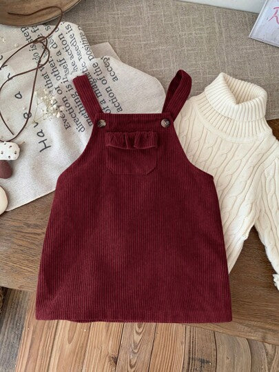 Emery Rose Kids Emery Rose Kids فستان قصير للبنات الصغيرات/الرضع من القطيفة اللون البرغندي مع جيوب مكشكشة وأربطة على الكتف، فستان قطيفة برغندي للبنات الصغيرات، فستان برغندي للبنات الصغيرات