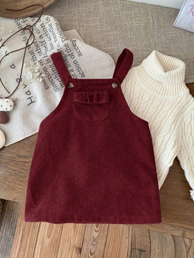 Emery Rose Kids Emery Rose Kids فستان قصير للبنات الصغيرات/الرضع من القطيفة اللون البرغندي مع جيوب مكشكشة وأربطة على الكتف، فستان قطيفة برغندي للبنات الصغيرات، فستان برغندي للبنات الصغيرات