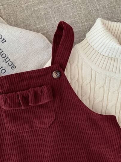Emery Rose Kids Emery Rose Kids فستان قصير للبنات الصغيرات/الرضع من القطيفة اللون البرغندي مع جيوب مكشكشة وأربطة على الكتف، فستان قطيفة برغندي للبنات الصغيرات، فستان برغندي للبنات الصغيرات