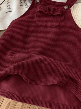 Emery Rose Kids Emery Rose Kids فستان قصير للبنات الصغيرات/الرضع من القطيفة اللون البرغندي مع جيوب مكشكشة وأربطة على الكتف، فستان قطيفة برغندي للبنات الصغيرات، فستان برغندي للبنات الصغيرات