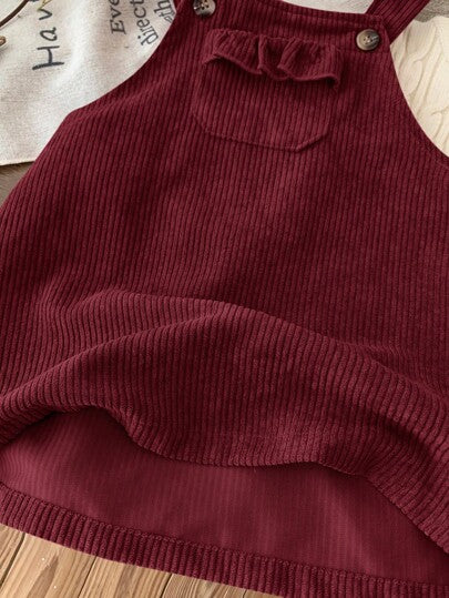 Emery Rose Kids Emery Rose Kids فستان قصير للبنات الصغيرات/الرضع من القطيفة اللون البرغندي مع جيوب مكشكشة وأربطة على الكتف، فستان قطيفة برغندي للبنات الصغيرات، فستان برغندي للبنات الصغيرات
