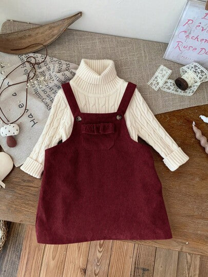 Emery Rose Kids Emery Rose Kids فستان قصير للبنات الصغيرات/الرضع من القطيفة اللون البرغندي مع جيوب مكشكشة وأربطة على الكتف، فستان قطيفة برغندي للبنات الصغيرات، فستان برغندي للبنات الصغيرات
