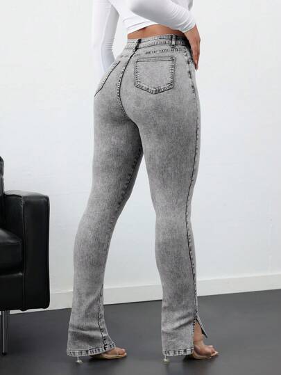 PETITE سروال جينز نسائي ضيق مطاطي وجذاب مع تقطيع الأطراف، بناطيل ضيقة نسائية مطاطية وجينز للسيدات القصيرات