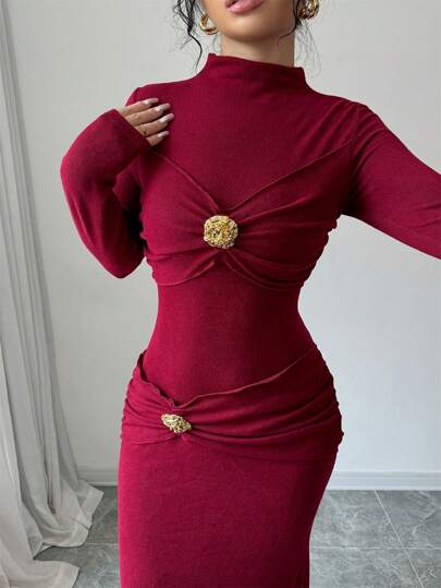 Modelyn فستان أنجورا مضفر أنيق وضيق للنساء، مزين بأزرار ذهبية فاخرة، مناسب للخريف والشتاء وملابس رأس السنة، فستان ماكسي لإطلالة النساء
