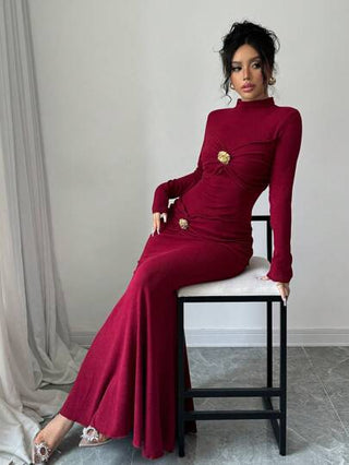 Modelyn فستان أنجورا مضفر أنيق وضيق للنساء، مزين بأزرار ذهبية فاخرة، مناسب للخريف والشتاء وملابس رأس السنة، فستان ماكسي لإطلالة النساء