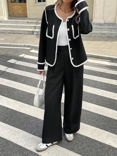 طقم حريمي قطعتين Frenchy مجموعة نسائية من قطعتين: جاكيت معرضة بشريط موزع وحواف اللون، أكمام طويلة، وصدرية وردة واحدة بجيوب معدنية، تشكيلة كاملة ذات ملمس، أنيقة، مناسبة للخريف/الشتاء، مرتدى للذهاب إلى المكتب والحياة اليومية