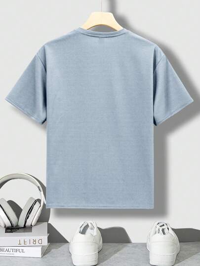 SHEIN ملابس علوية كاجوال للمراهقين بأكمام قصيرة منسدلة، طباعة إنجليزية ثلاثية الأبعاد مبروزة