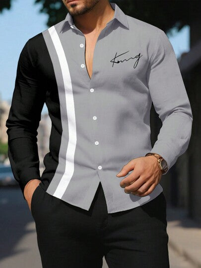 Manfinity Homme قميص كاجوال للرجال بطباعة حرفية وألوان متباينة وأزرار طويل الأكمام، مناسب للخريف