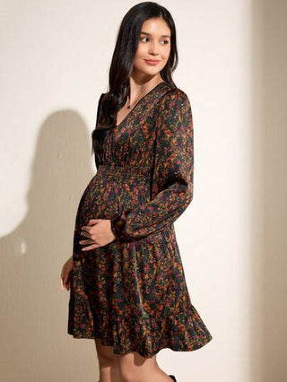 MaterniWear فستان أكمام طويلة بتصميم وسط ملفوف مزخرف بنقشة الزهور للحمل
