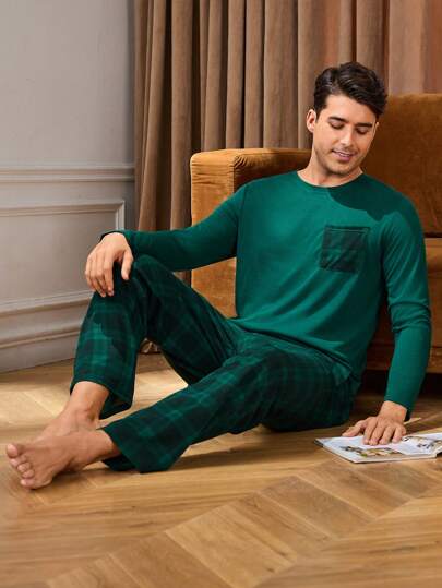 Manfinity Underwear&Sleepwear Basics بيجامة رجالية مكونة من قميص بياقة طاقم وجيب قطعة وبنطلون مطبوع بالكامل، ملابس خريف وشتاء