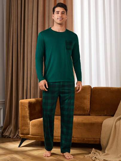 Manfinity Underwear&Sleepwear Basics بيجامة رجالية مكونة من قميص بياقة طاقم وجيب قطعة وبنطلون مطبوع بالكامل، ملابس خريف وشتاء