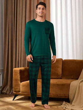 Manfinity Underwear&Sleepwear Basics بيجامة رجالية مكونة من قميص بياقة طاقم وجيب قطعة وبنطلون مطبوع بالكامل، ملابس خريف وشتاء