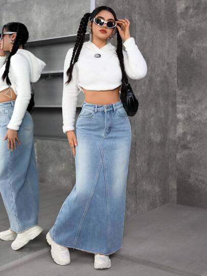 EZwear تنورة جينز طويلة مغسولة كاجوال خريفية