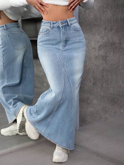 EZwear تنورة جينز طويلة مغسولة كاجوال خريفية