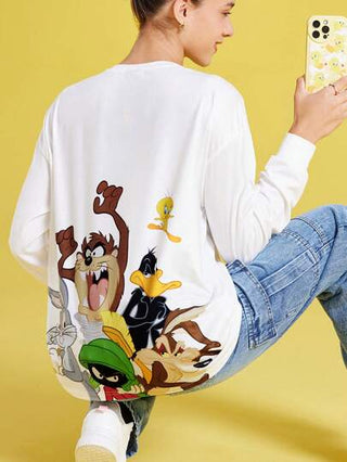 LOONEY TUNES X  تيشيرت أبيض فضفاض طويل الأكمام بطبعة حرفية كرتونية ، ربيعي وخريفي ، لوقت الفراغ
