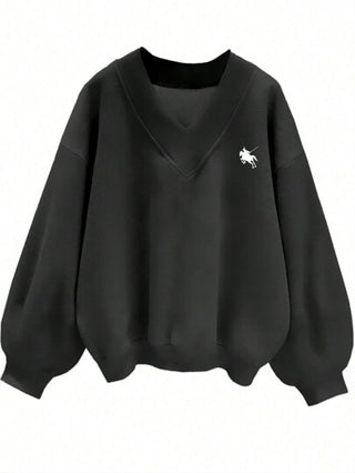 EZwear كنزة هوديا بياقة على شكل حرف V مبطنة حرارياً فضفاضة سوداء عادية مناسبة للخريف/الشتاء، أكمام طويلة