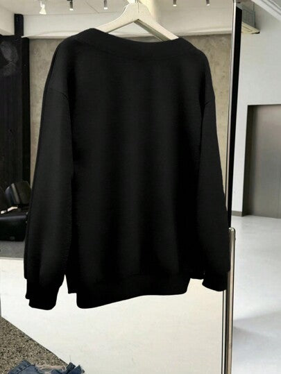 EZwear كنزة هوديا بياقة على شكل حرف V مبطنة حرارياً فضفاضة سوداء عادية مناسبة للخريف/الشتاء، أكمام طويلة