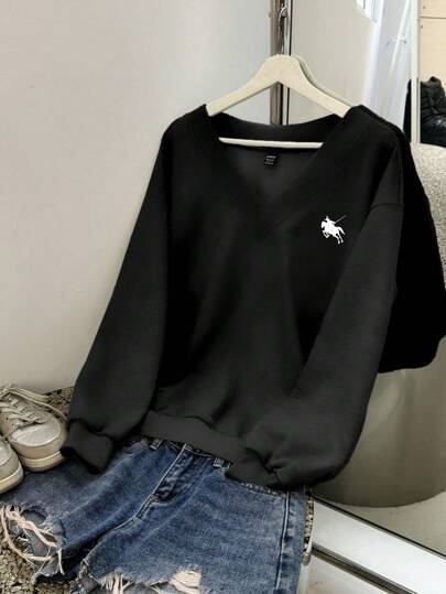 EZwear كنزة هوديا بياقة على شكل حرف V مبطنة حرارياً فضفاضة سوداء عادية مناسبة للخريف/الشتاء، أكمام طويلة