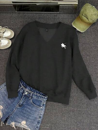 EZwear كنزة هوديا بياقة على شكل حرف V مبطنة حرارياً فضفاضة سوداء عادية مناسبة للخريف/الشتاء، أكمام طويلة