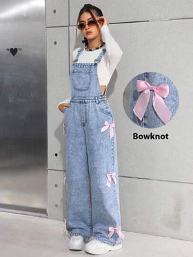 SHEIN بناطيل جينز غسيل حجري واسعة للمراهقات، بحزام ديكوري لأزياء Y2K، بدلة جينز مع جيوب مزينة بعقدة فراشة، ملابس بنات صالحة للخريف والشتاء وللعودة إلى المدرسة