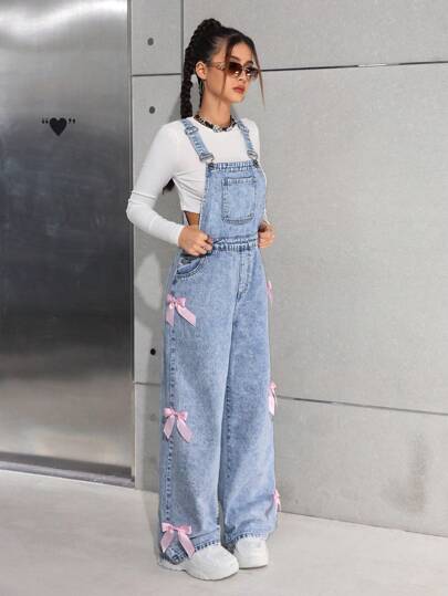 SHEIN بناطيل جينز غسيل حجري واسعة للمراهقات، بحزام ديكوري لأزياء Y2K، بدلة جينز مع جيوب مزينة بعقدة فراشة، ملابس بنات صالحة للخريف والشتاء وللعودة إلى المدرسة