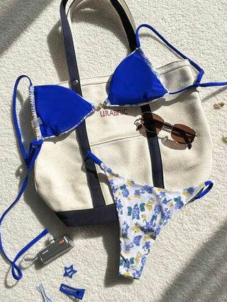 Swim Mod مجموعة مكونة من: 2 قطعة من بيكيني الأعلى قصير مكشكش مزين بطبعة الأزهار الصغيرة والأسفل مقطع بسماقة للصيف