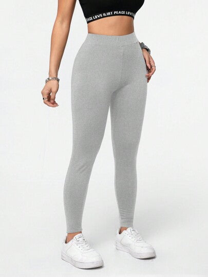 SHEIN Essnce سروال رياضي كاجوال ضيق بلون سادة، بنطلونات طويلة متعددة الاستخدامات للنساء يمكن ارتداؤها في الربيع والخريف