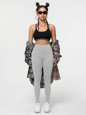 SHEIN Essnce سروال رياضي كاجوال ضيق بلون سادة، بنطلونات طويلة متعددة الاستخدامات للنساء يمكن ارتداؤها في الربيع والخريف
