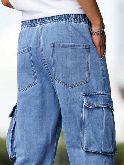 Manfinity Homme جينز واسع كاجوال، جينز كارجو أزرق ملكي واسع مغسول وطويل للاستخدام اليومي، هدايا لزوج أو صديق
