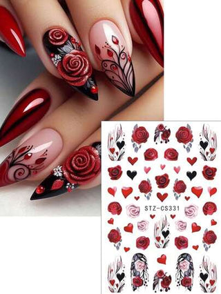 FULL BEAUTY 2 ملصق أظافر على شكل قلب بتصميم زهرة وردة اللهب لعيد الحب، ملصقات زهور خطوط وردية حمراء وبونساي ذاتية اللصق، ديكورات رومانسية لتزيين المناكير DIY