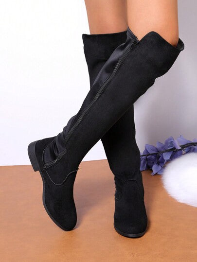 بوت نسائي إصدار جديد خريف/شتاء 2025، جزمة مسطحة بسحاب جانبي، جزمة أعلى الركبة ذو تمدد وشفافية من الليكرا