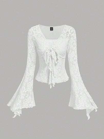 SHEIN MOD بلوزة نسائية ذات تصميم أنيق رومانسي بربطة أمامية، تي شيرت جميل، للخريف والشتاء