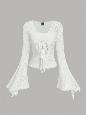 SHEIN MOD بلوزة نسائية ذات تصميم أنيق رومانسي بربطة أمامية، تي شيرت جميل، للخريف والشتاء