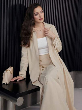 Modelyn مجموعة قطعتين للسيدات، جاكيت طويل الأكمام واقي من الريح أحادي اللون وتنورة خط A ذات صف أزرار مزدوج ،مجموعة أنيقة