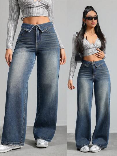 SHEIN Tall جينز النساء ذو البناطيل المستقيمة والمطاطة الرسمية باللون الأزرق، جينز منفرج للنساء الطويلات، بناطيل مقاس منخفض للنساء