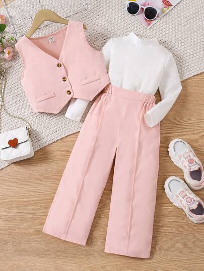 SHEIN Genkimix Kids طقم بدلة حفلة للفتاة الصغيرة موسم الربيع/الخريف الجديد