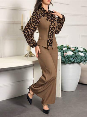 Modelyn مجموعة من قطعتين للنساء تتكون من ملابس علوية كاجوال طويلة الأكمام بجيب وربطة أمامية وبنطال طويل، مجموعة قطعتين