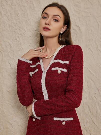 Modelyn فستان أنيق كاجوال طويل بياقة على شكل حرف V للنساء، فساتين مسائية طويلة للخريف