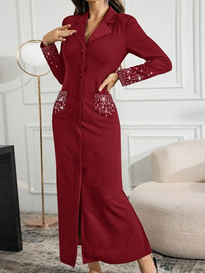 Modelyn فستان طويل سهرة نسائي أمامي وأكمام طويلة وجيب، كاجوال طويل