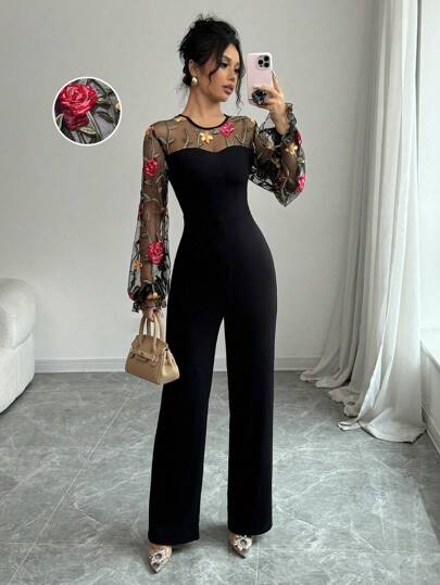 Selianne جمبسوت نسائية أنيقة مطرزة بالزهور على شكل قفص طيور مع أكمام على شكل فانوس